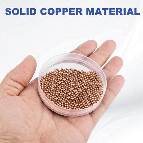 500 Pcs 2.5mm Copper Bearing Balls T2 Solid Precision Spheres For Machinery Automotive And DIY Projects Corrosion Resistant Pure Copper Balls G200 Grade For Pro Repairs in a hand-held container