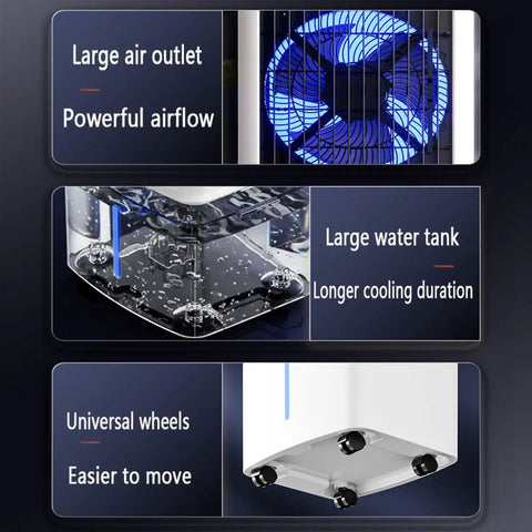 Beat The Heat With This Straight Up Windowless Portable Air Cooler And Evaporative Swamp Cooling System showing large air outlet, water tank, and universal wheels.