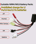 RC Car Battery Charger For NiMH NiCd Packs With Smart Balanced Charging, showing multiple connector types and charge warnings