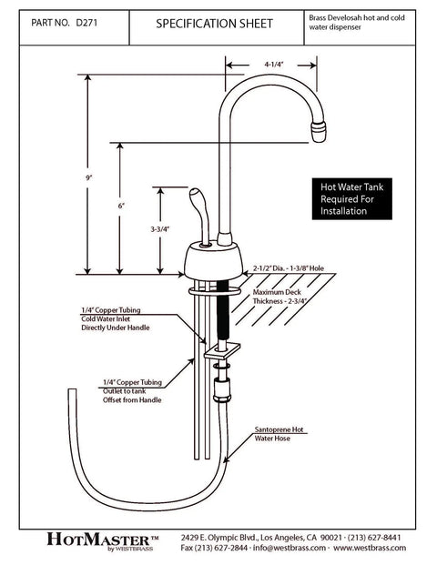 Velosah 9 Inch One Handle Hot Water Dispenser Faucet With Gooseneck Spout Satin Nickel Finish Instant Hot Water On Demand For Kitchen Countertop Tank Not Included specification sheet