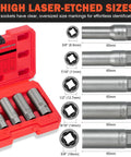 Deep Bolt Extractor Kit Five Piece Set For Spark Plugs Bolts Lug Nuts Studs Screws With Deep Well Design shown with case and sizes