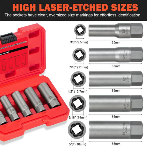 Deep Bolt Extractor Kit Five Piece Set For Spark Plugs Bolts Lug Nuts Studs Screws With Deep Well Design shown with case and sizes