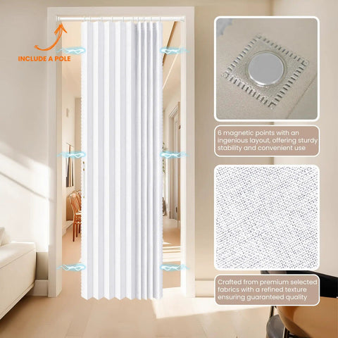Blackout Magnetic Door Curtain Set With Included Curtain Rods For Patio Door And Accordion Doorway White 42W X 78L 1 Pack Easy Install Noise Blocking Light Blocking Great For Bedroom And Living Room