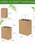 90 Pack Kraft Paper Bags With Handles Bulk Assorted Sizes For Favors Party Takeout Grocery Retail Craft Merchandise Goody Bags In Three Sizes 5.25x3.25x8.25 In, 8x4.75x10 In, 10x5x13 In displayed with measurements