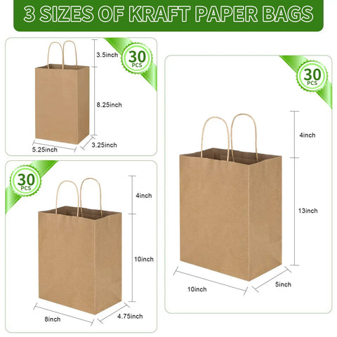 90 Pack Kraft Paper Bags With Handles Bulk Assorted Sizes For Favors Party Takeout Grocery Retail Craft Merchandise Goody Bags In Three Sizes 5.25x3.25x8.25 In, 8x4.75x10 In, 10x5x13 In displayed with measurements