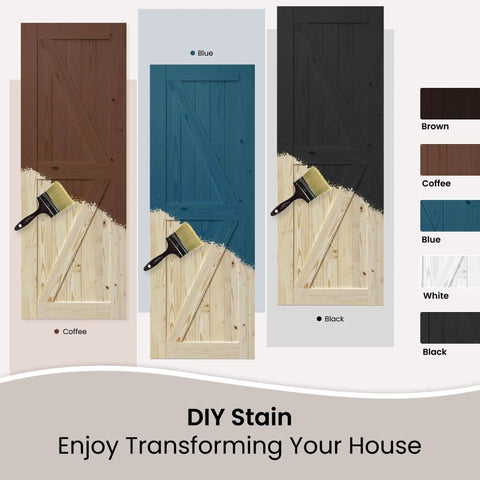 Unfinished 30x84 Inch Double Barn Door With 10ft Sliding Hardware Kit, Solid Spruce Wood, DIY stain options shown in Coffee and Blue.