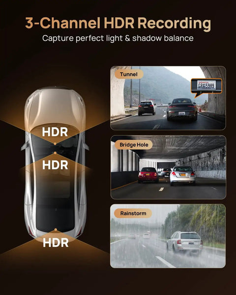 Triple Channel 4K Dash Cam HDR view of tunnel, bridge, rain showing front rear interior 2160P 1080P STARVIS 2 HDR Night Vision