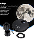 Package image of Five Position Telescope Filter Wheel For 2 Inch Eyepieces With Adapter And Lock Ring and moon background