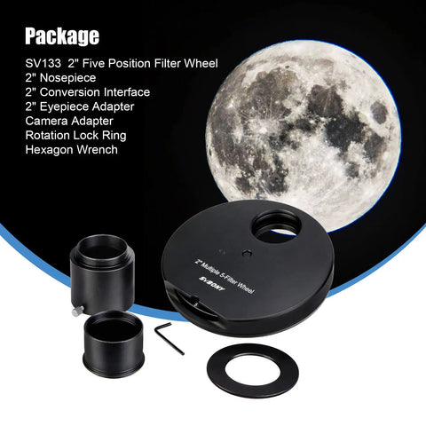Package image of Five Position Telescope Filter Wheel For 2 Inch Eyepieces With Adapter And Lock Ring and moon background