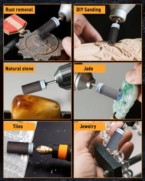 28Pcs Sanding Drums and Sticks for Dremel with 1/8 inch shank; grits 180–2000 for rust removal, stone grinding, jade polishing