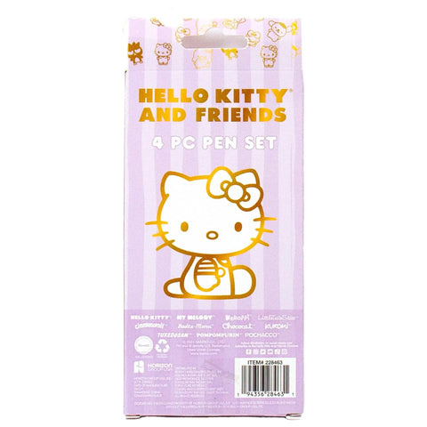Back view of Kawaii Sanrio Pen Set With Four Color Ballpoint Pens Featuring My Melody And Kuromi Glitter Gold Foil Accents box