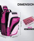 Pink Fishing Tackle Sling Bag With Rod Holder Ultra Durable 1680D Water Resistant Material Anti Slip Waist Strap Three Tackle Boxes Perfect Gift For Women And Girls Who Love Fishing On The Go, showing front and side view with dimensions and pink tackle box beside it.