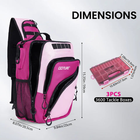Pink Fishing Tackle Sling Bag With Rod Holder Ultra Durable 1680D Water Resistant Material Anti Slip Waist Strap Three Tackle Boxes Perfect Gift For Women And Girls Who Love Fishing On The Go, showing front and side view with dimensions and pink tackle box beside it.