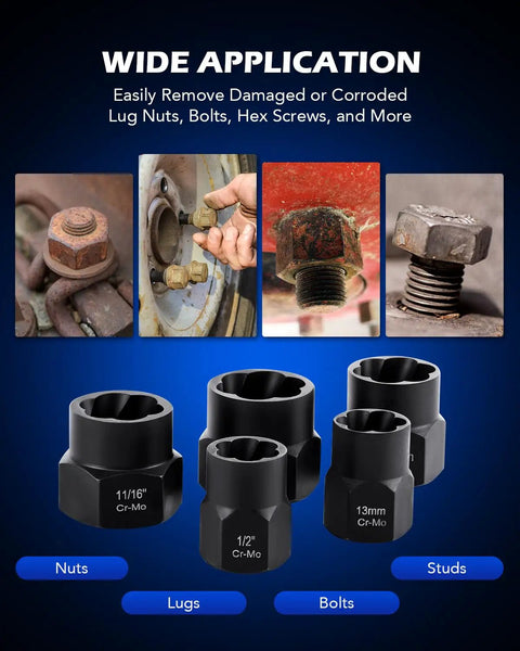 Impact Nut And Bolt Extraction Tool Set For Rusted And Stripped Fasteners, 13 SAE And Metric Sizes, Three Eighths Inch Drive