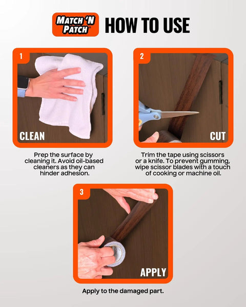 Step-by-step guide: Clean, cut, and apply Wood Grain Repair Tape Dark Walnut 2.25 In X 15 Ft 1 Pack Easy Peel And Apply Durable Wood Grain Duct Tape.