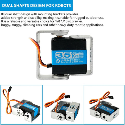 Dual Axis Waterproof 35Kg Servo For Robot Arm RDS3235 with U Mounting Bracket, front view, showing metal gears and wiring