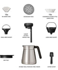 Components of 12 Cup Coffee Maker With Podless Single Serve Function in Silver including filters, baskets, carafe, and scoop.