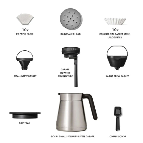 Components of 12 Cup Coffee Maker With Podless Single Serve Function in Silver including filters, baskets, carafe, and scoop.