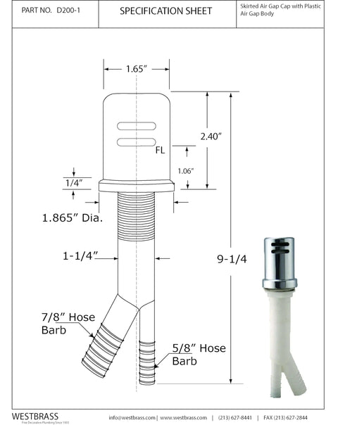 Solid Brass Air Gap Cap Kit With Flange And Plastic Body Skirted Design 1 3/4 Inch Cap Diameter 2 3/4 Inch Cap Height Flush Mount Dishwasher Overflow Shield For Sink