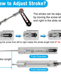 Front and side views of JQDML 24V reciprocating linear actuator with adjustable stroke, stand and suction cup (Amazon).