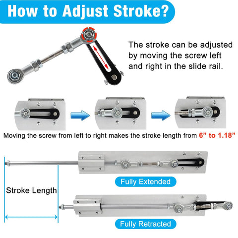 Front and side views of JQDML 24V reciprocating linear actuator with adjustable stroke, stand and suction cup (Amazon).