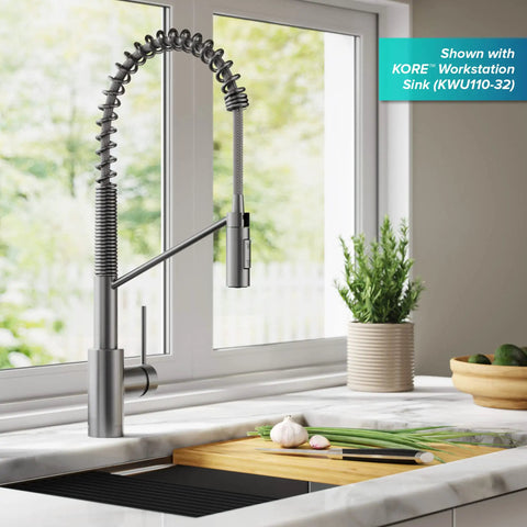 Oletto Commercial Style Pull Down Kitchen Faucet with QuickDock Top Mount, Spot Free Stainless Steel, single handle, 360 swivel installed