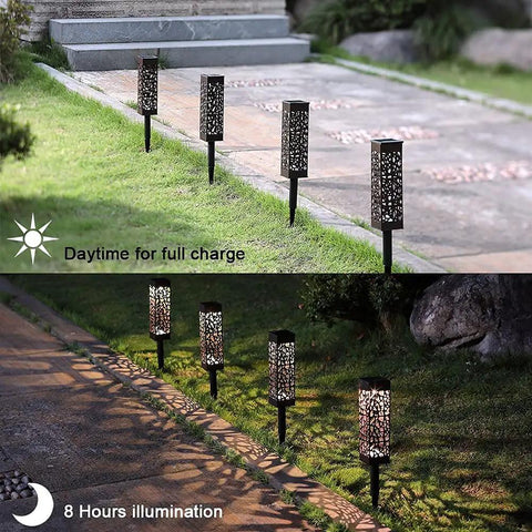 Solar Pathway And Garden Lights 12 Pack LED Auto On At Night Auto Off At Dawn No Wiring Needed Eco Friendly Decorative Landscape Lighting For Patio And Yard With Easy On Off Switch shown in day and night settings