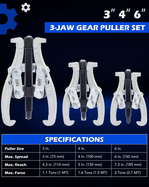 Three Jaw Gear And Bearing Puller Set With 3 Inch 4 Inch 6 Inch Sizes displayed on specifications poster