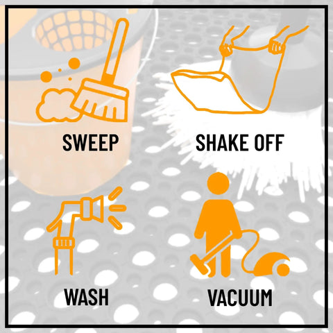 Infographic showing cleaning methods for Heavy Duty Rubber Floor Mat With Grippy Non Slip Surface For Commercial Kitchens And Workshops.