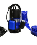 Submersible Drain Pump Kit With No Fuss 25 Foot Hose, 2,000 GPH Flow, Automatic Float Shutoff, Drain Hose Clamp Included For Pools, Hot Tubs, Water Tanks, Ponds, And More. featuring 400W pump and blue hose setup