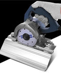 Straight Up Heavy Duty Chamfer Frame Miter Saw Jig For 45 Degree Ceramic Tile Trimming With Quick Lock Mount and Rock Solid Stability, close-up of saw attachment.