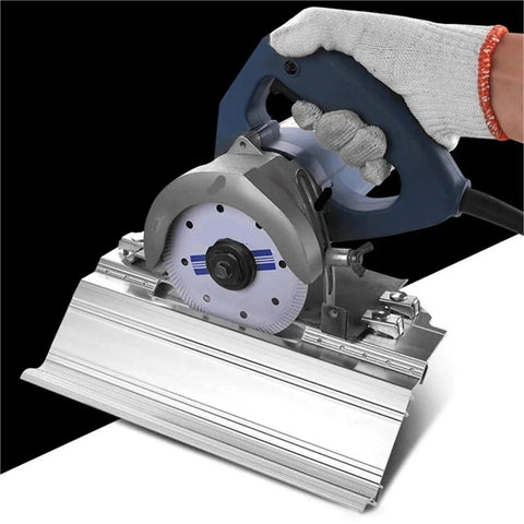Straight Up Heavy Duty Chamfer Frame Miter Saw Jig For 45 Degree Ceramic Tile Trimming With Quick Lock Mount and Rock Solid Stability, close-up of saw attachment.
