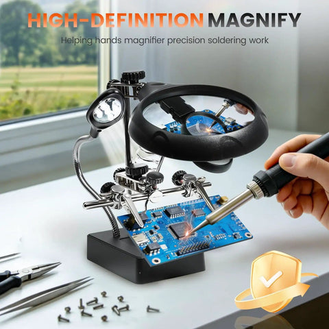 Desktop LED Magnifying Glass Soldering Station With Handy Helping Hands, 2.5X 7.5X 10X Magnifier on desk with blue circuit board