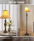 Three Piece Living Room Lamp Set With Vintage Table And Floor Lamps, Sturdy Iron Bases And Brown Fabric Shades, Art Deco Inspired Style