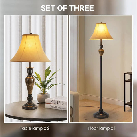 Three Piece Living Room Lamp Set With Vintage Table And Floor Lamps, Sturdy Iron Bases And Brown Fabric Shades, Art Deco Inspired Style