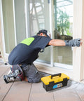 Heavy Duty Plastic Handheld Toolbox With Splashproof Compact Build, Rugged Electrician Storage Case in use during repairs.
