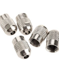 Five Piece Copper Flexible Shaft Screw Top Collet Adapter Set For M8 X 0.75 Threads Compatible With Dremel Style Rotary Tools showing silver adapters.