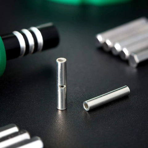 150 Pieces Non Insulated Butt Connectors 22 To 16 Gauge Copper Crimp Ferrule Terminals For Electrical DIY Splicing, shown with two connectors