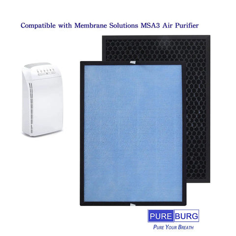 Replacement Filter Compatible With Membrane Solutions MSA3 Series Air Purifiers Featuring Top Notch H13 True HEPA And Activated Carbon Multi Layer Filtration Pack Of 2 shown with purifier.