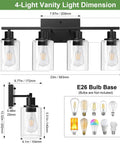 Sleek Matte Black Four Light Bathroom Vanity Wall Lamp With Thick Clear Glass Shades For Mirror Or Porch Zero Drama Install Built Different Straight Fire Home Glow dimensions illustration showing size and E26 bulb base.