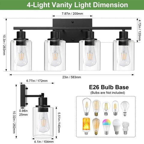 Sleek Matte Black Four Light Bathroom Vanity Wall Lamp With Thick Clear Glass Shades For Mirror Or Porch Zero Drama Install Built Different Straight Fire Home Glow dimensions illustration showing size and E26 bulb base.