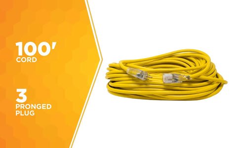 12-Gauge Extra Heavy Duty 100 Ft Outdoor Extension Cord With Cord Clip Yellow 3 Prong SJTW Water Resistant Vinyl Jacket