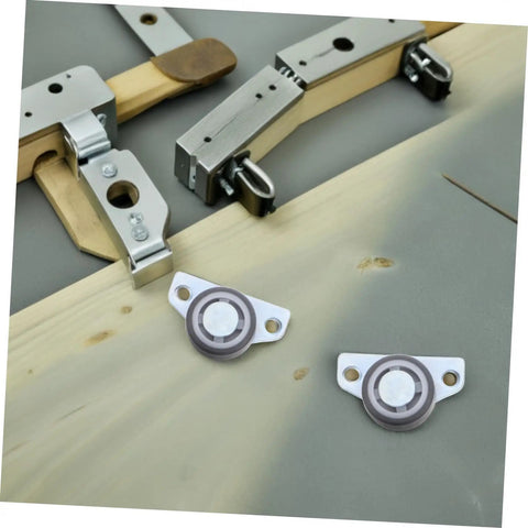 Set Of Four Heavy Duty Adjustable Sliding Door Rollers With Precision Bearings Buttery Smooth Glide Easy Side Or Vertical Mounting On Closets Barn Doors, featuring close-up of rollers on wooden surface.