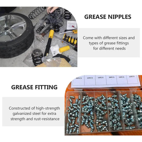 260 Piece Hydraulic Grease Fitting Kit With Galvanized Iron Zerk Nipples In Straight Angled And 90 Degree Configurations, Perfect For Car Maintenance And Mechanical Bearings. assorted grease nipples in organizer case for car wheel and suspension maintenance
