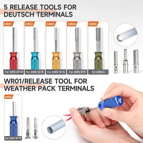 Pro Grade All In One Closed Barrel Crimp Tool Kit For Weather Pack And Deutsch DT Connectors showing removal tools