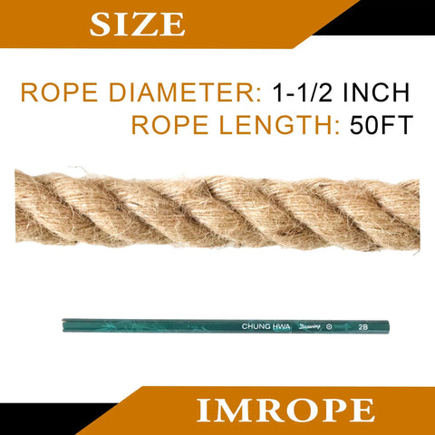 Natural Jute Rope 1.5 Inch Diameter 50 Feet Long Four Strand Heavy Duty with size indicators