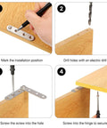 Installation steps for 360 Degree Pivot Hidden Door Hinges Set on wood panel; marking, drilling, and securing with screws for cabinets and bookcases.