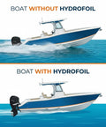 Boat comparison showing stability with Whale Tail Hydrofoil Stabilizer Fin Kit For Outboard And Stern Drive Motors 5-150 HP Add Stability