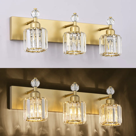 Gold finish Crystal 3 Light Vanity Light With Gold Finish For Bathroom, Over Mirror Modern Wall Sconce Fixture illuminated