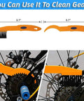 Close-up of 7 Piece Bike Cleaning Brush Kit For Chain And Frame showing gear brush cleaning bicycle gears.